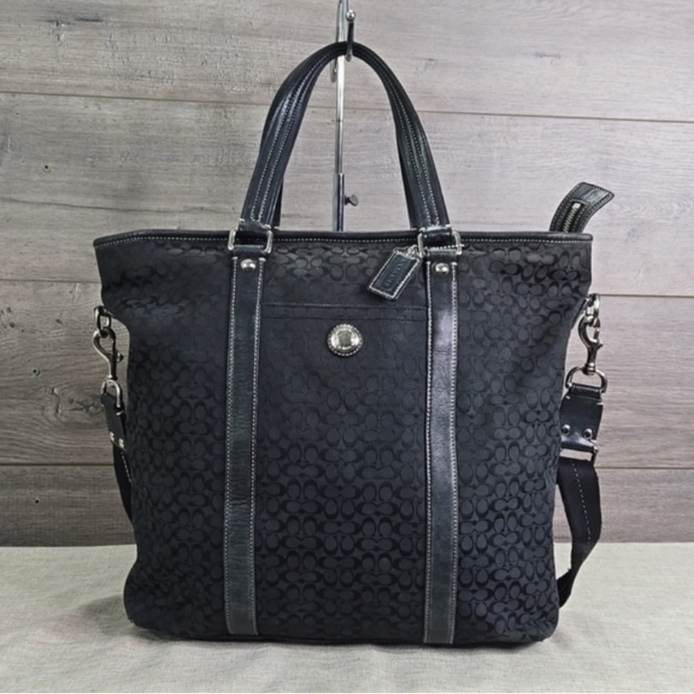 Coach Black Signature Tote with Leather Trim